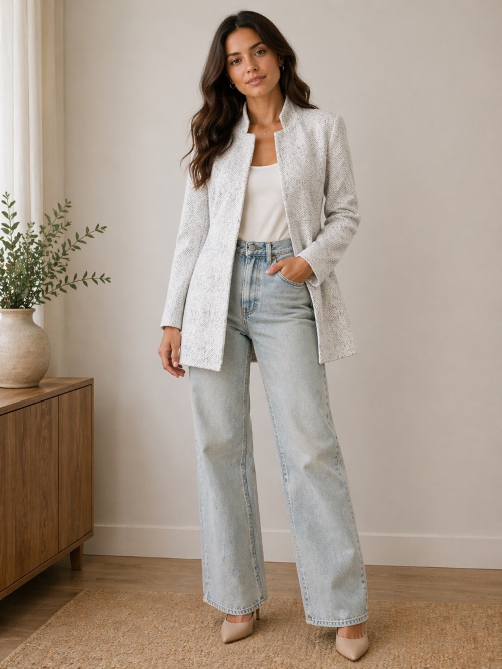 Women's Light Gray Textured Stand-Collar Trench Coat